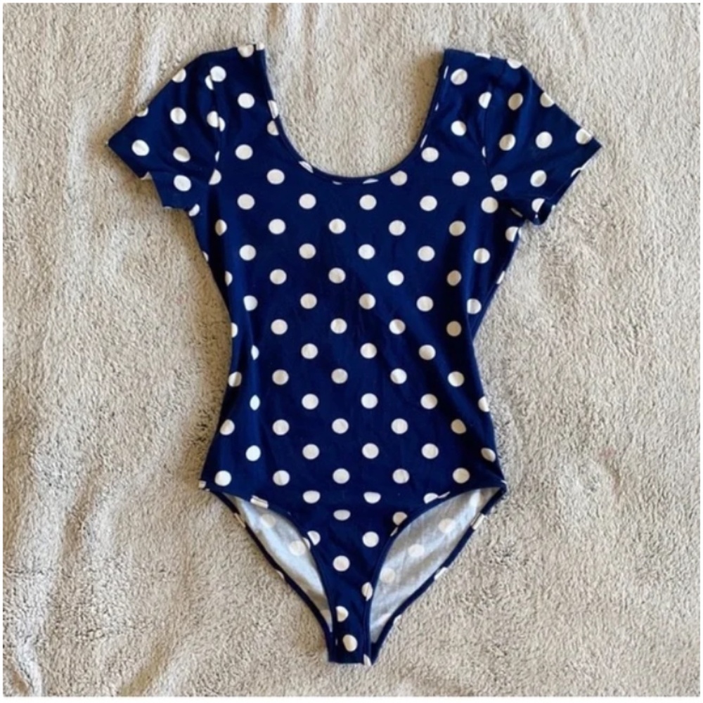 🪞 NEW classic polka dot low back dotted stretch bodysuit in blue white small